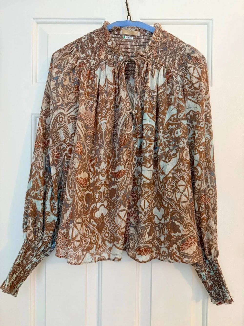 Ulla Johnson Taupe & Cream Paisley Tie-Neck Blouse
